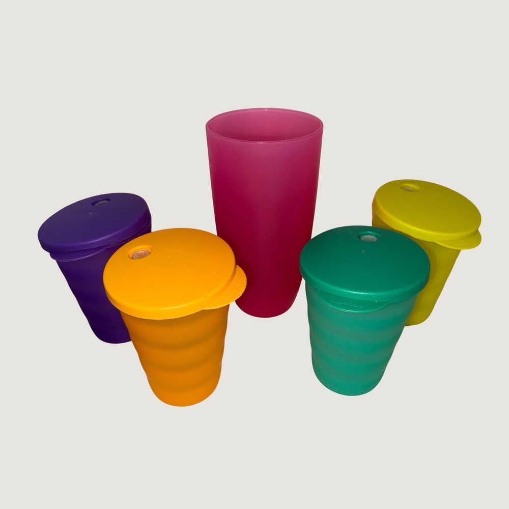 Tupperware Bell Tumblers with Sipper Seals Set of 4 7oz Cups Plus Pink Tumbler